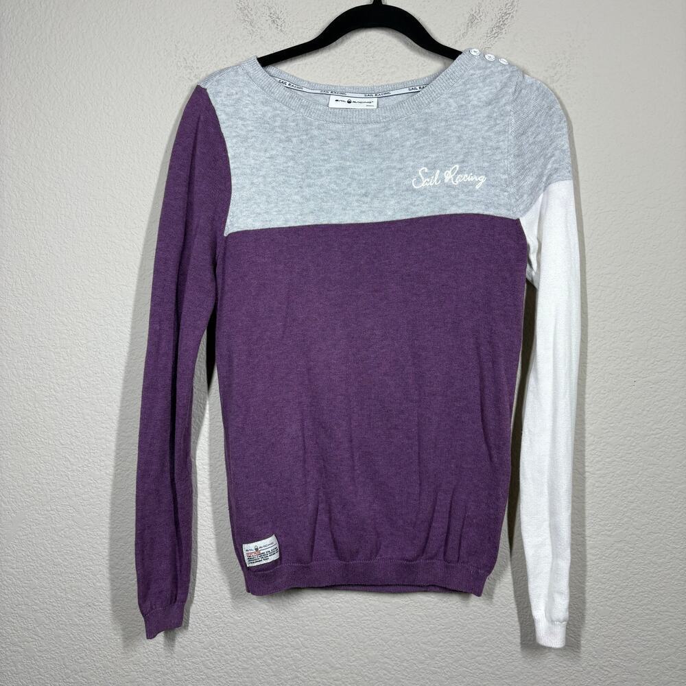 Sail Racing Womens Small Sweater Purple Gray Colorblock Cotton Button Shoulder